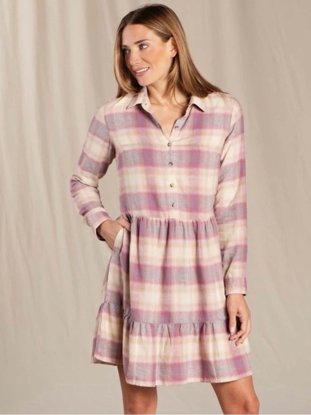 Toad & Co Re-Form Plaid Tiered Dress size. L like new light weight  Lagenlook